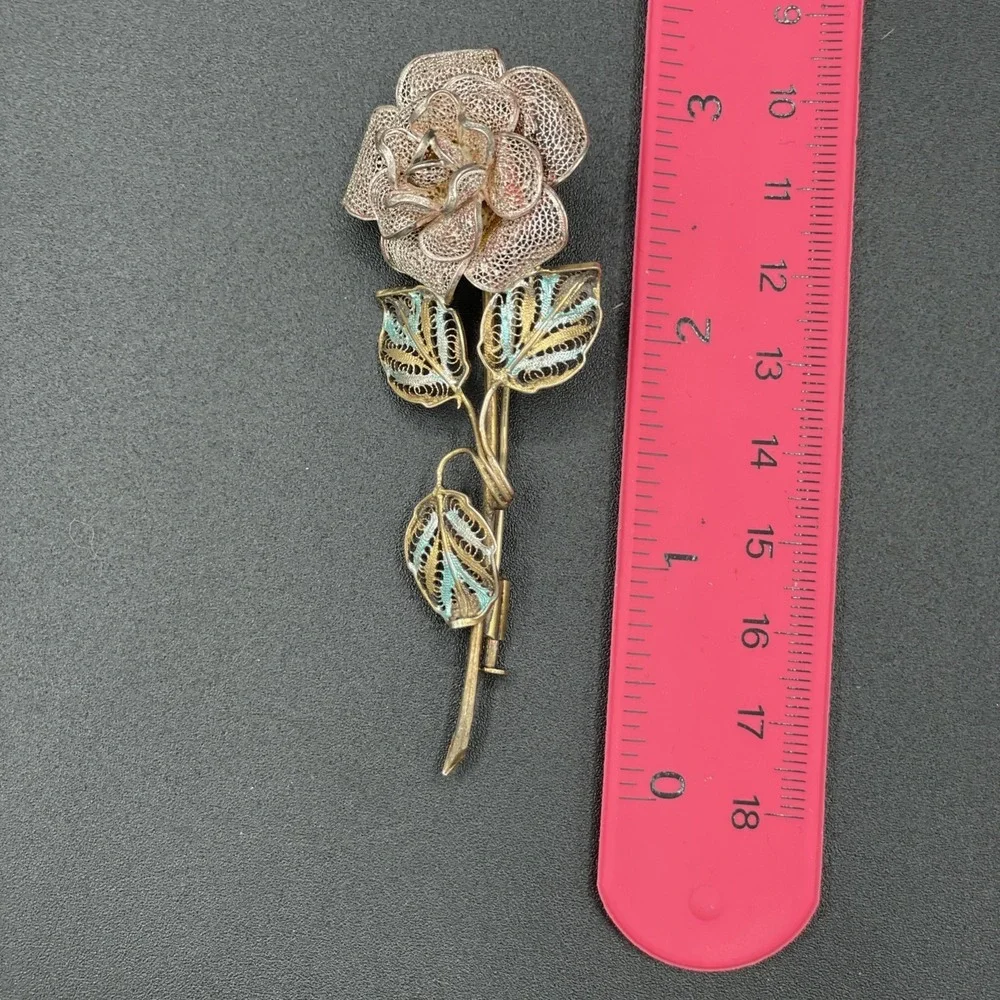 Antique Vintage Sterling Silver Floral Filigree Enamel Brooch Trombone Clasp 40s
